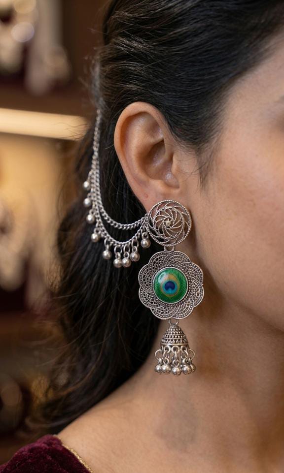 Premium Oxidized Silver Peacock Jhumka Earrings with Bahubali Sahare Chains ✨