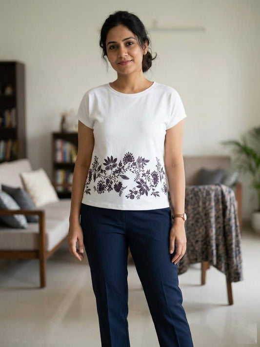 Elevated Bloom: White Graphic Floral Border Tee