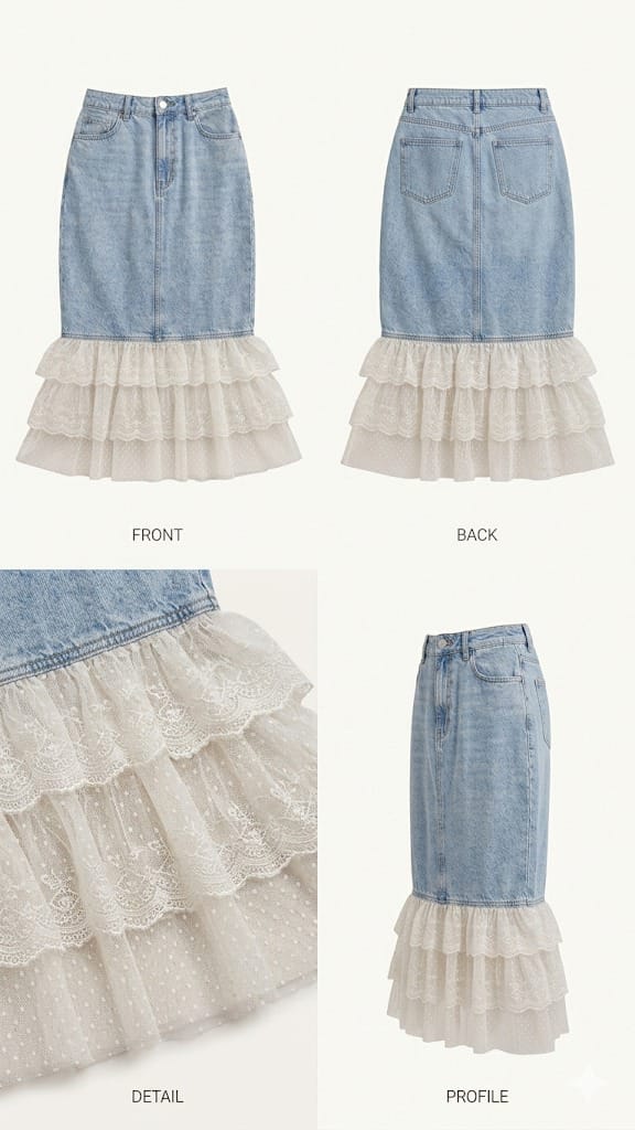 Lace-Hem Denim Diva: Vintage Wash Midi Skirt