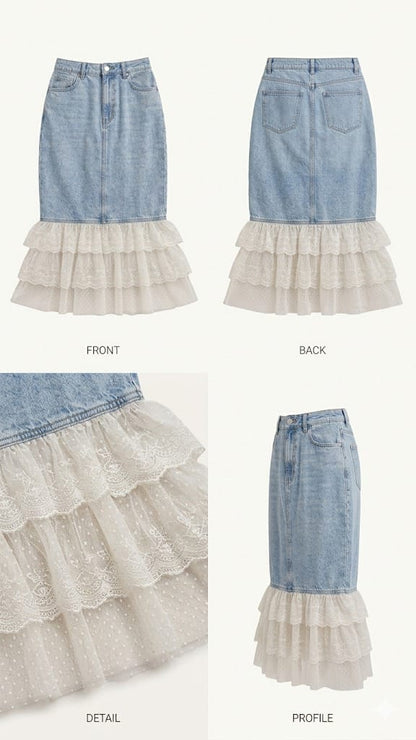 Lace-Hem Denim Diva: Vintage Wash Midi Skirt
