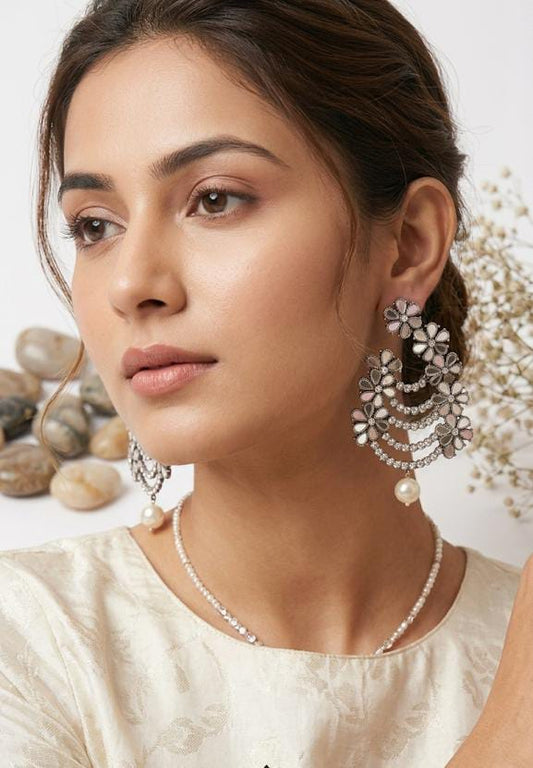 NextLook™ Floral Mirror-Work Chandelier Earrings with Pearl Drops – Silver Finish