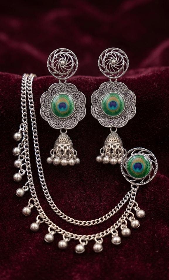 Premium Oxidized Silver Peacock Jhumka Earrings with Bahubali Sahare Chains ✨
