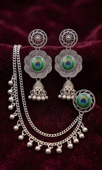 Premium Oxidized Silver Peacock Jhumka Earrings with Bahubali Sahare Chains ✨
