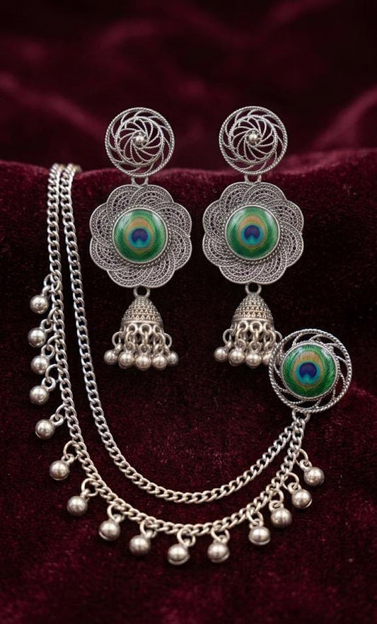 Premium Oxidized Silver Peacock Jhumka Earrings with Bahubali Sahare Chains ✨