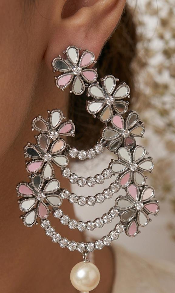 NextLook™ Floral Mirror-Work Chandelier Earrings with Pearl Drops – Silver Finish