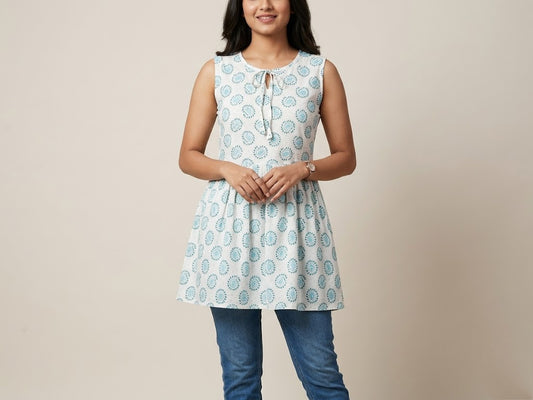 Premium Paisley Print Sleeveless Peplum Top – White & Teal