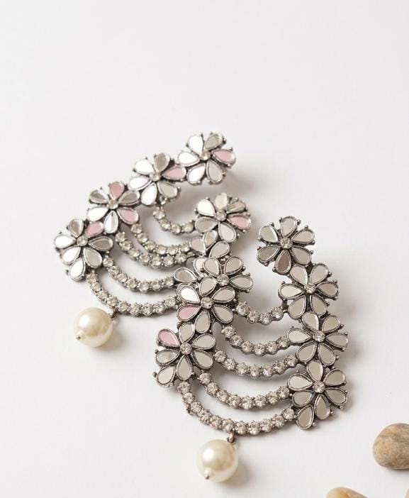 NextLook™ Floral Mirror-Work Chandelier Earrings with Pearl Drops – Silver Finish