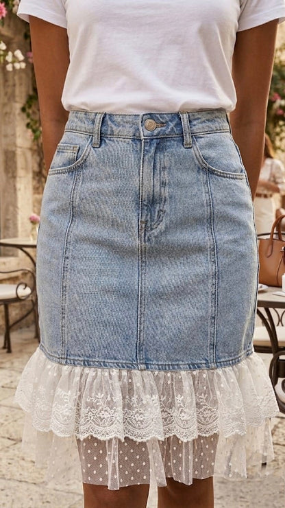 Lace-Hem Denim Diva: Vintage Wash Midi Skirt