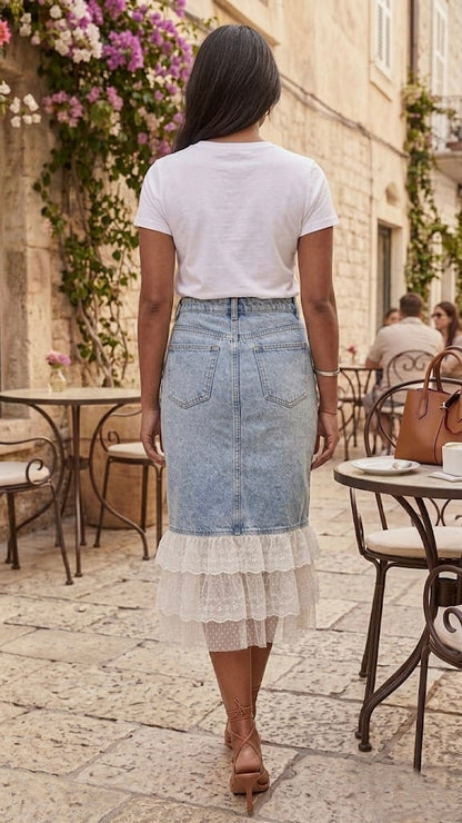 Lace-Hem Denim Diva: Vintage Wash Midi Skirt
