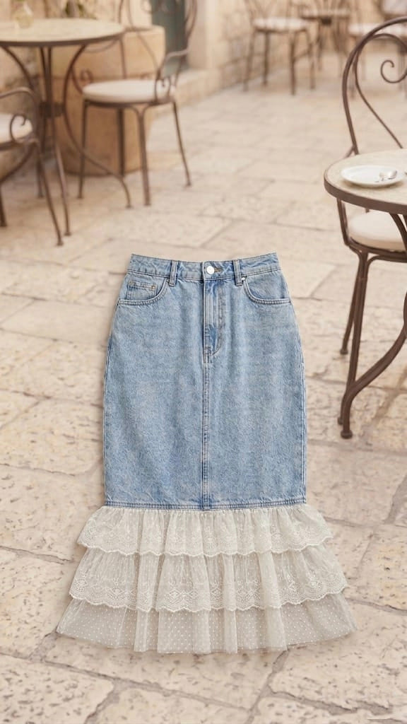 Lace-Hem Denim Diva: Vintage Wash Midi Skirt