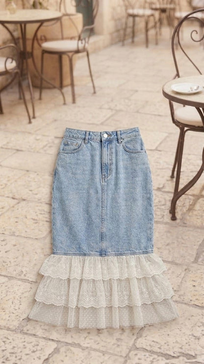 Lace-Hem Denim Diva: Vintage Wash Midi Skirt
