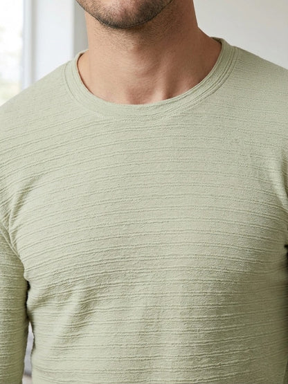 Men's Pistachio Green Ripple-Textured Full Sleeve T-Shirt